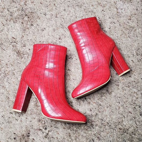 Red Faux Croc Ankle Booties - Picture 1 of 3